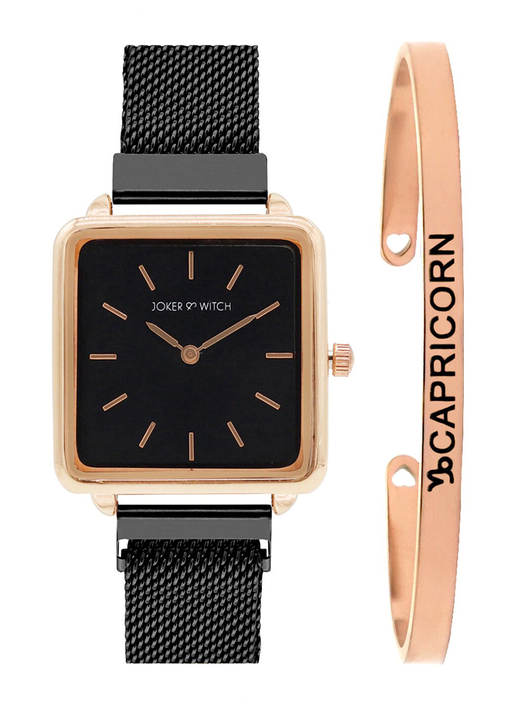 JOKER & WITCH Women Black & Rose Gold-Toned Vintage Capricorn Watch Bracelet Stack JWBS287