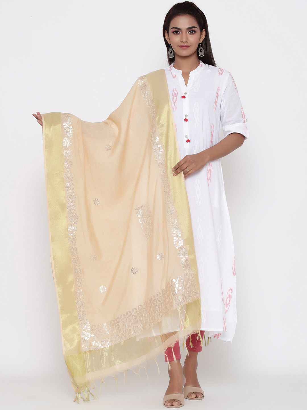 SOUNDARYA Beige & Silver-Toned Embroidered Dupatta