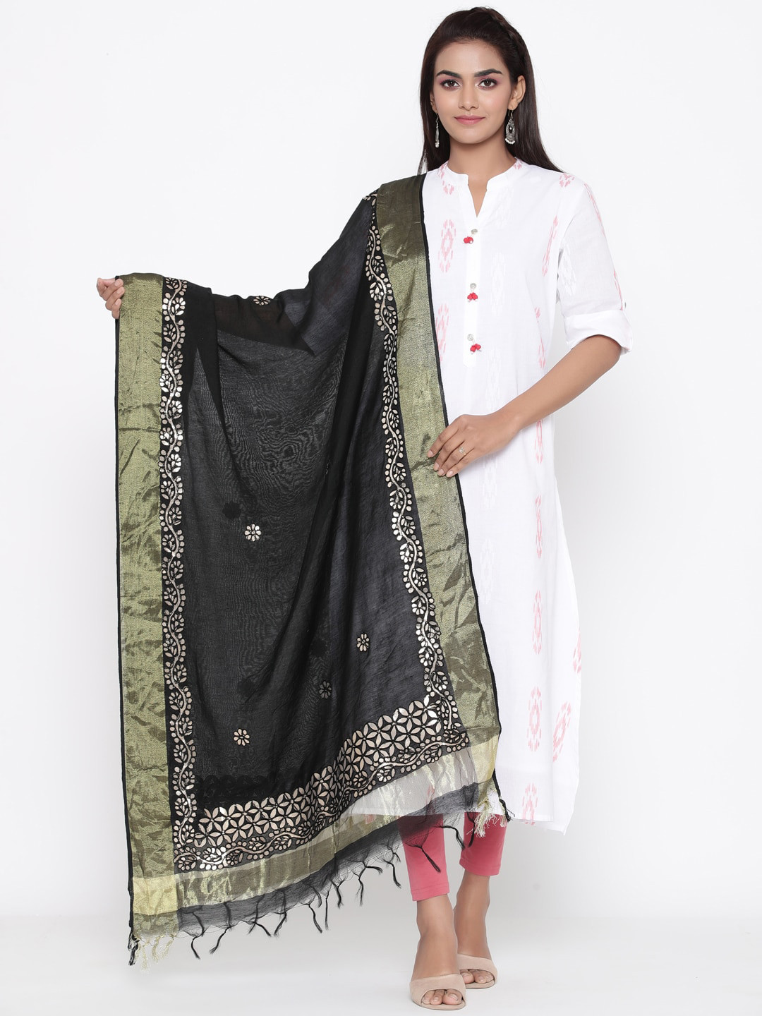 SOUNDARYA Black & Gold-Toned Embroidered Dupatta