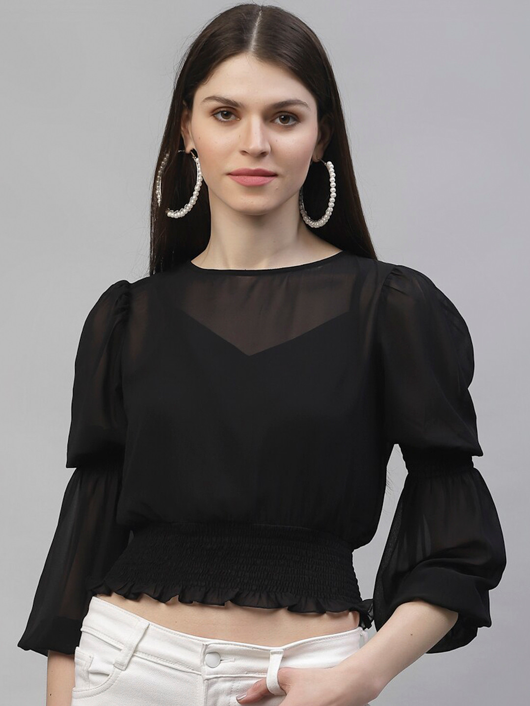 Athena Women Black Puff Sleeves Georgette Blouson Smocking Top