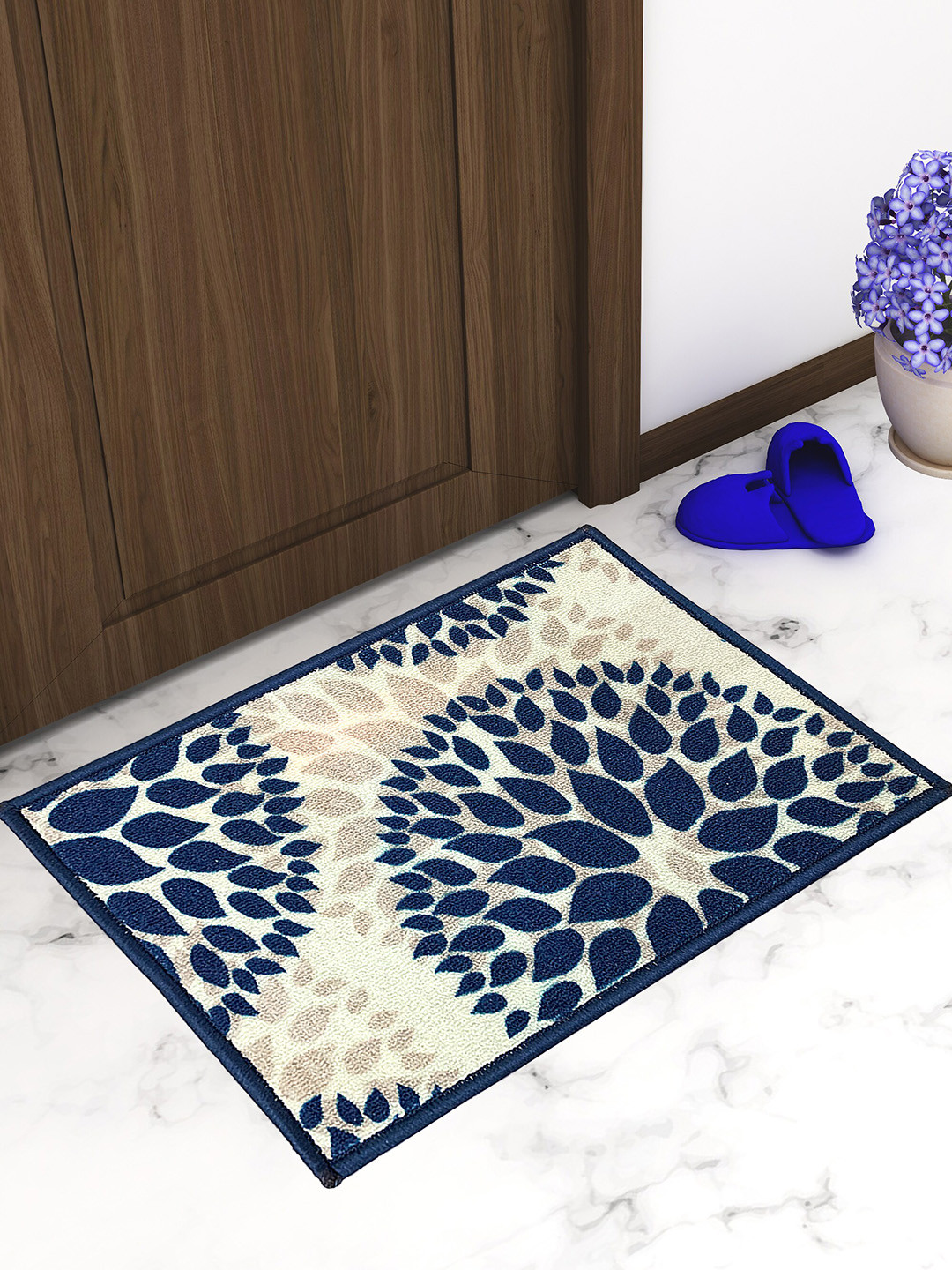 Athom Trendz White & Blue Printed Premium Anti-slip Doormat