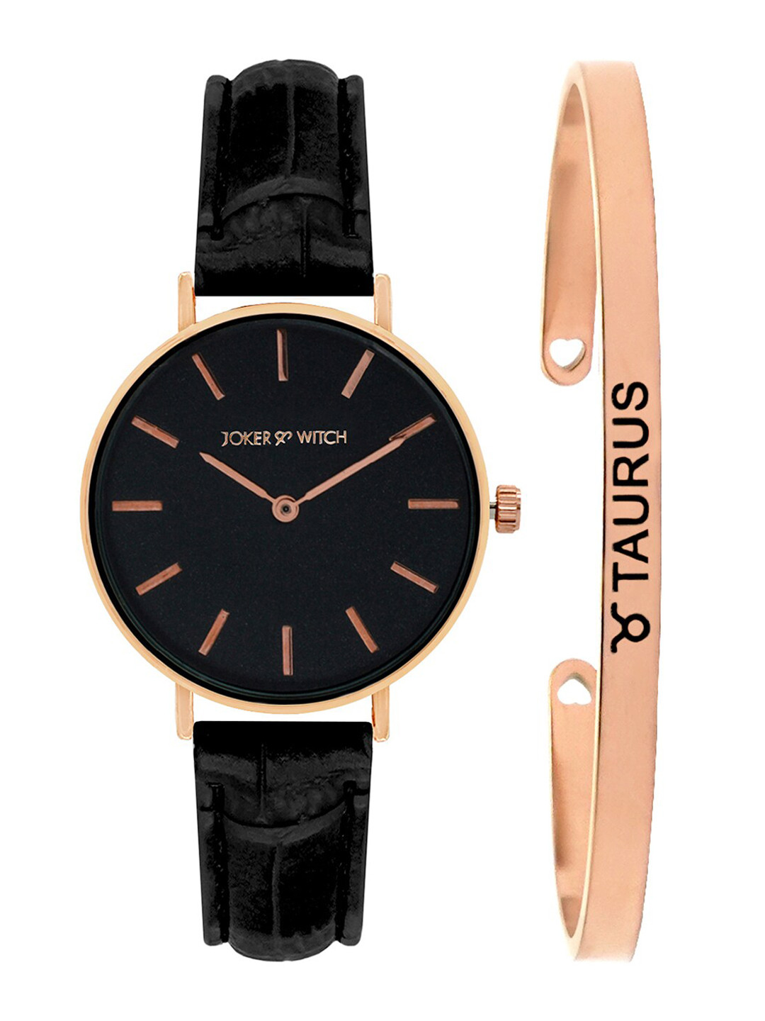 JOKER & WITCH Women Black & Rose Gold-Toned Ariana Taurus Watch Bracelet Stack JWBS322