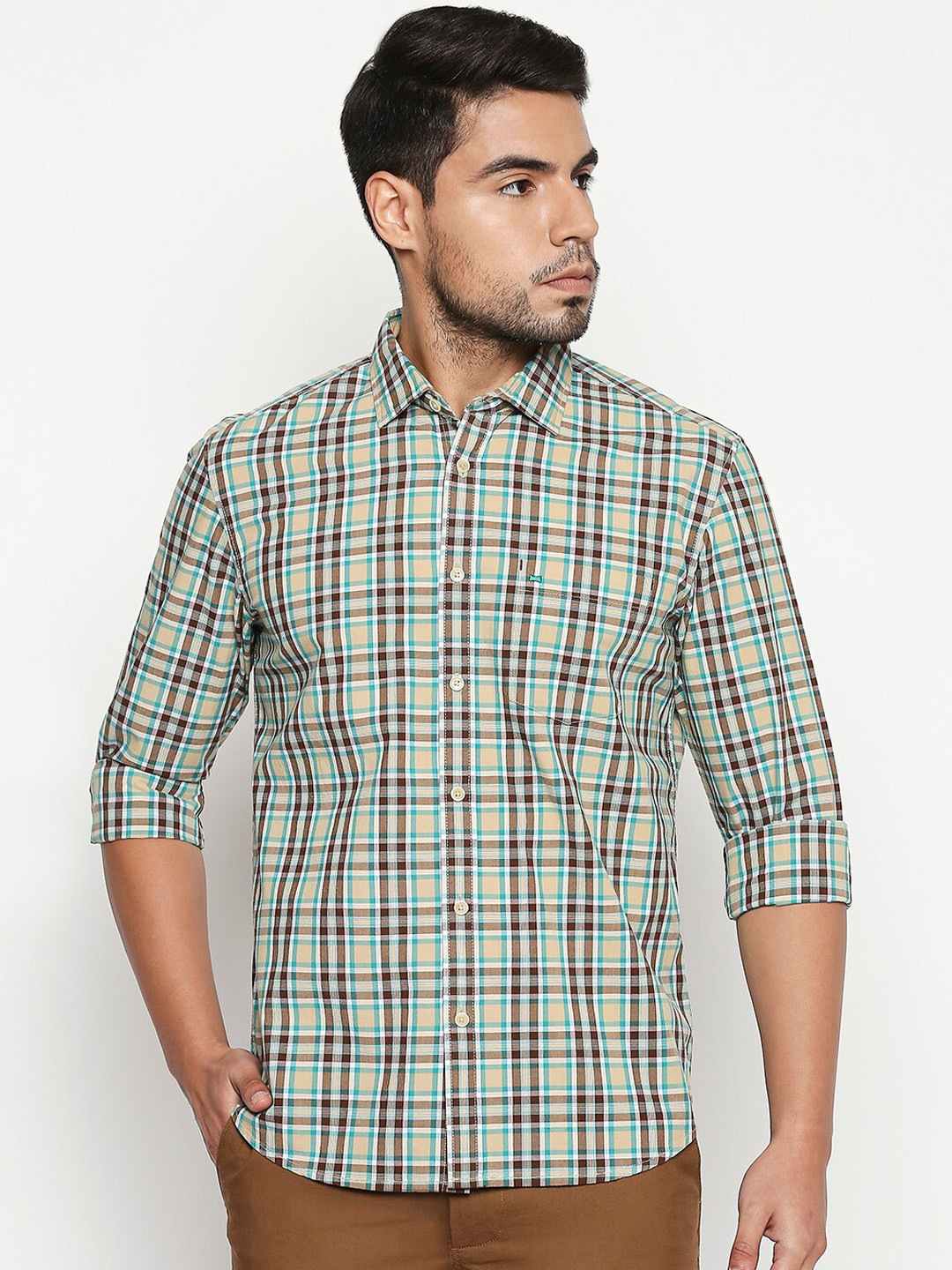 Basics Men Khaki & Green Slim Fit Checked Casual Shirt