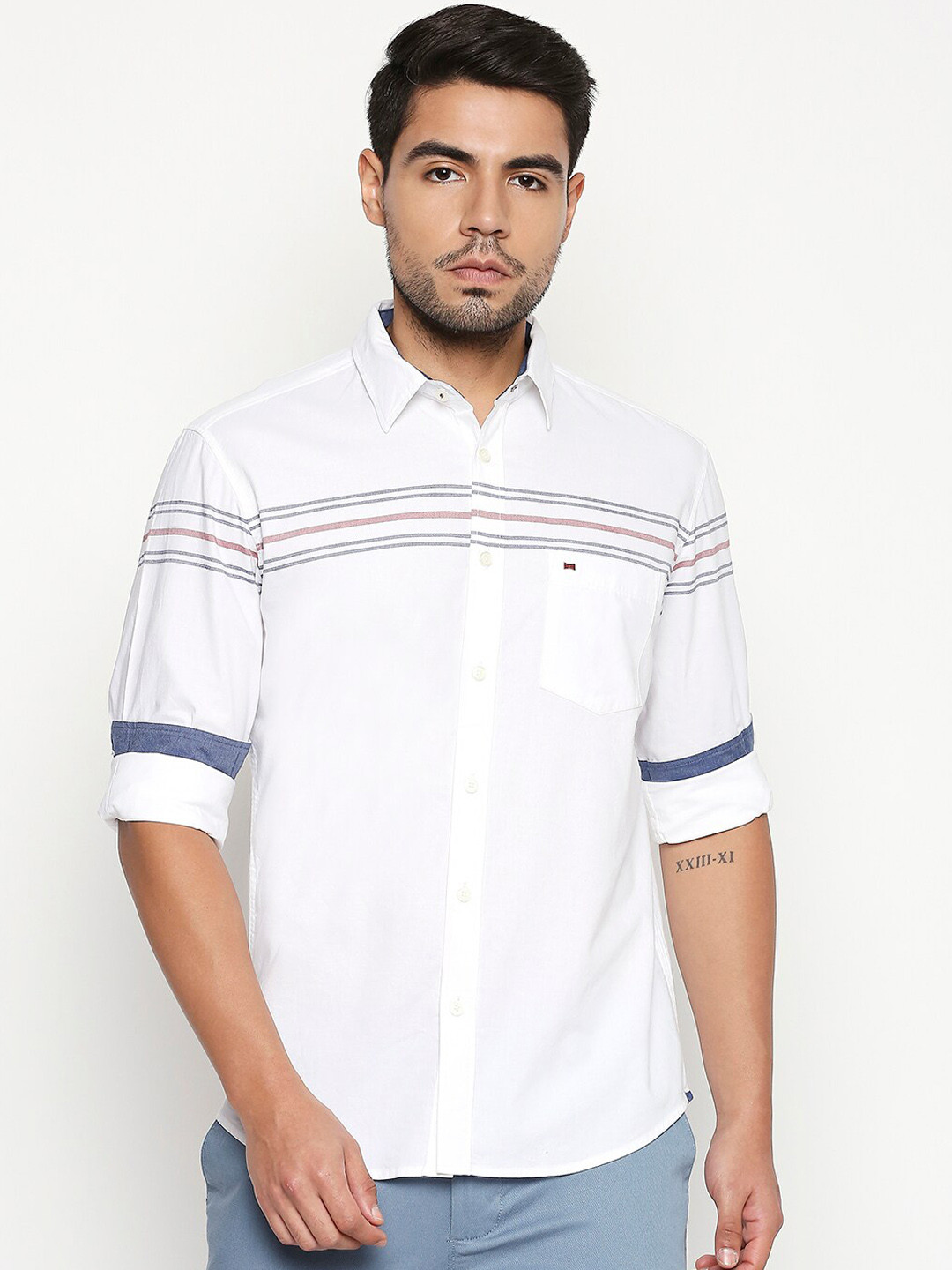 Basics Men White Slim Fit Striped Casual Shirt