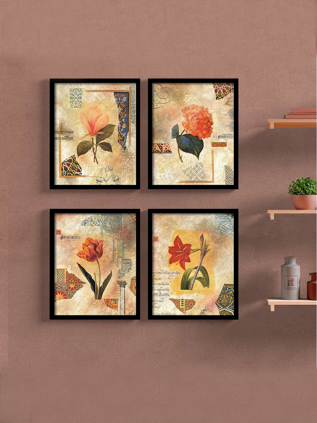 Art Street Set of 4 Brown & Orange Floral Printed Framed Wall Arts