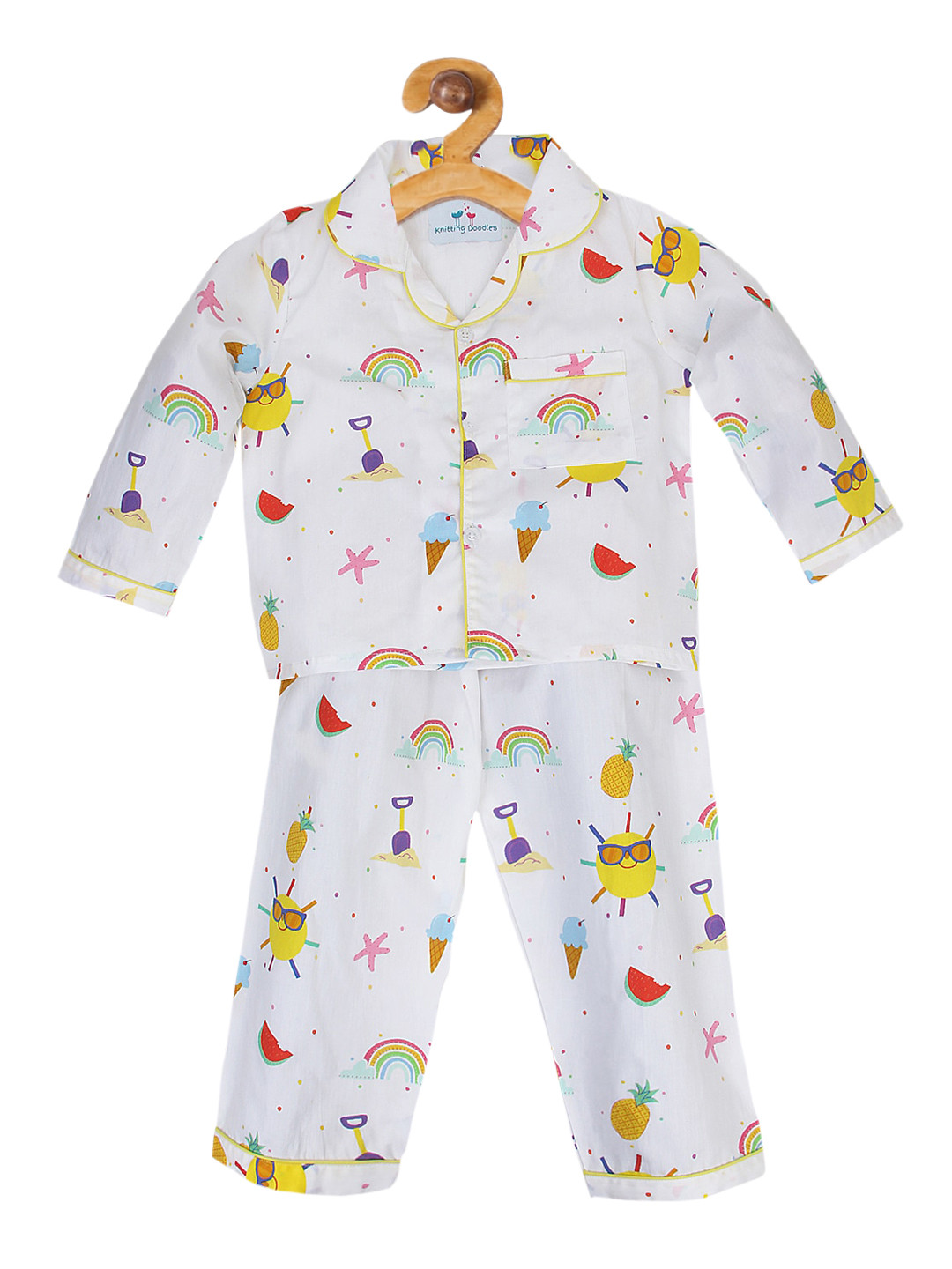 Knitting Doodles Unisex Kids White & Yellow Printed Night suit
