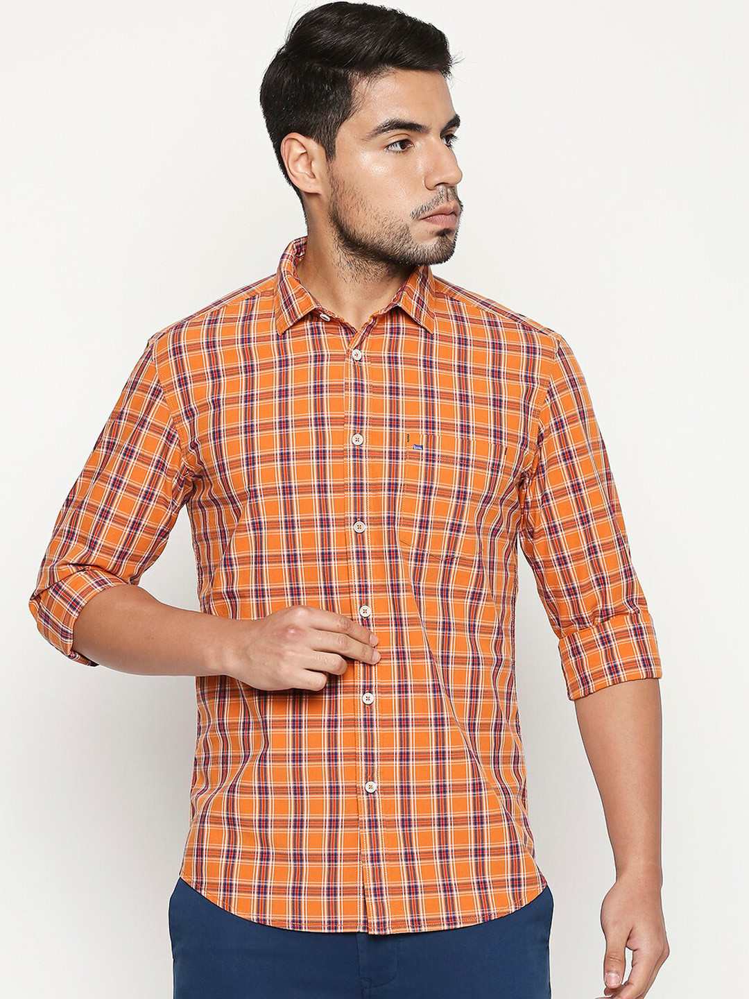 Basics Men Orange & Red Slim Fit Checked Casual Shirt
