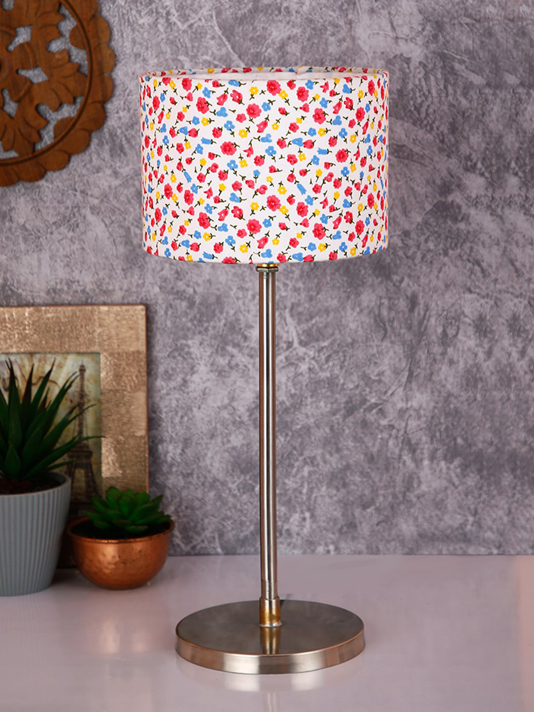 Devansh White & Pink Solid Traditional Buffet Lamp with Steel Base
