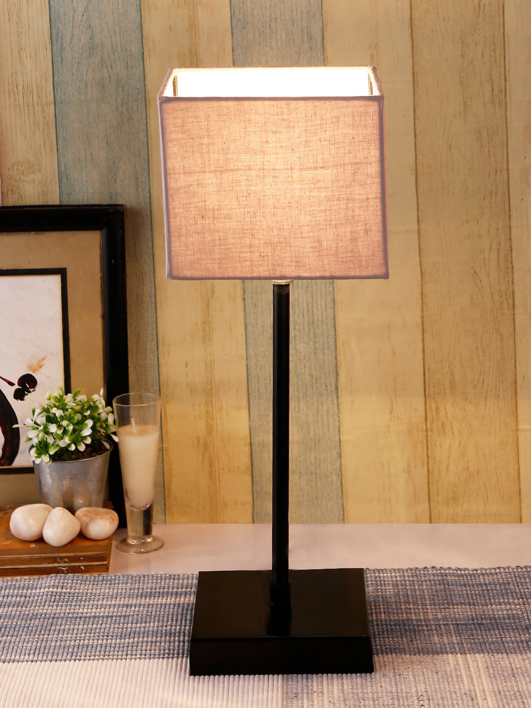 Devansh Grey & Black Solid Contemporary Handcrafted Buffet Lamp with Steel Base
