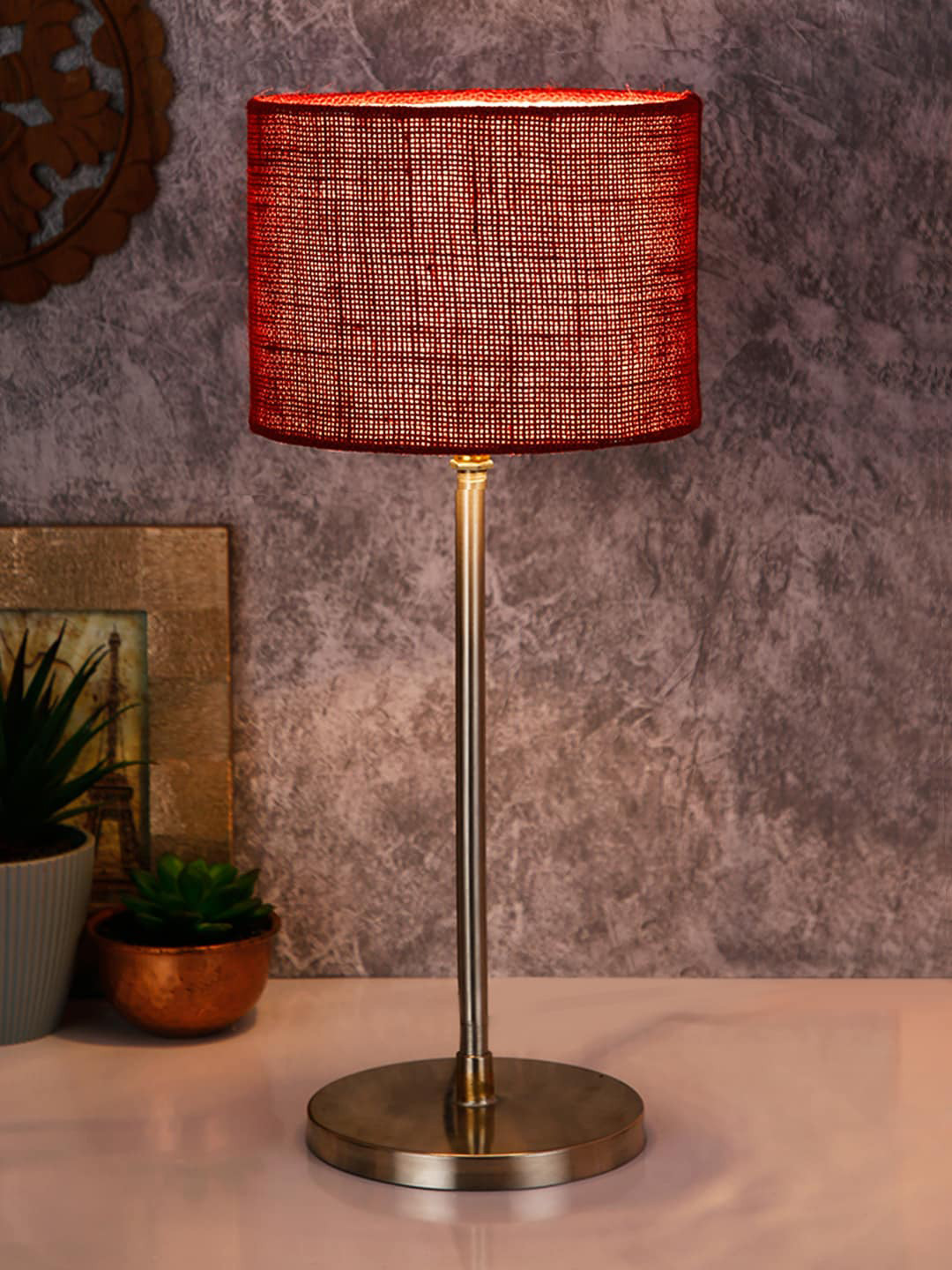 Devansh Maroon Solid Contemporary Buffet Lamp with Steel Base
