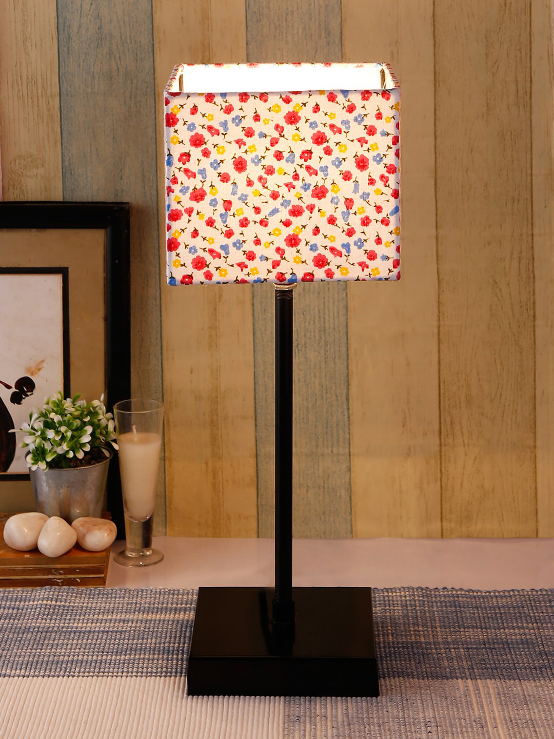 Devansh White & Pink Floral Printed Square Table Lamp