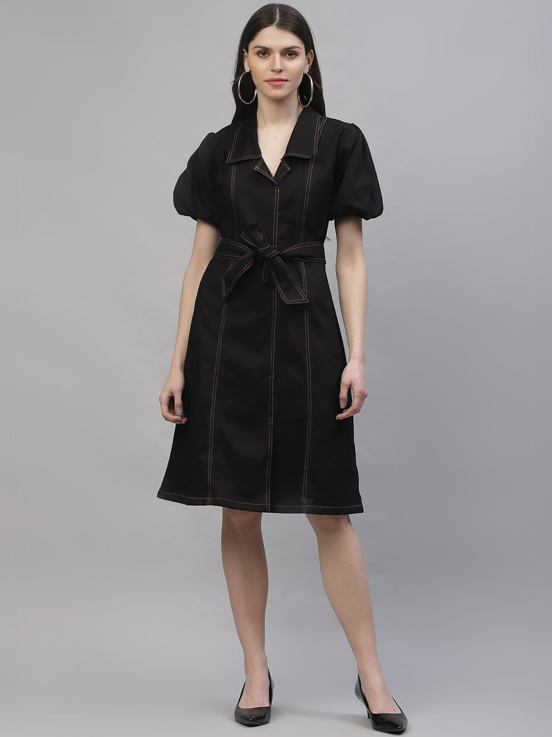 Athena Women Black Solid A-Line Denim Dress