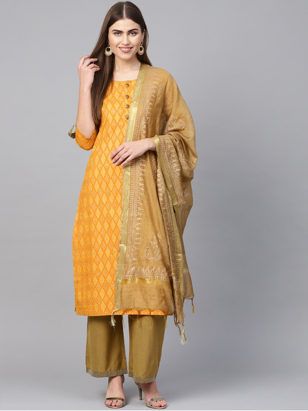 Yuris Women Yellow Printed Kurta with Palazzos & Dupatta