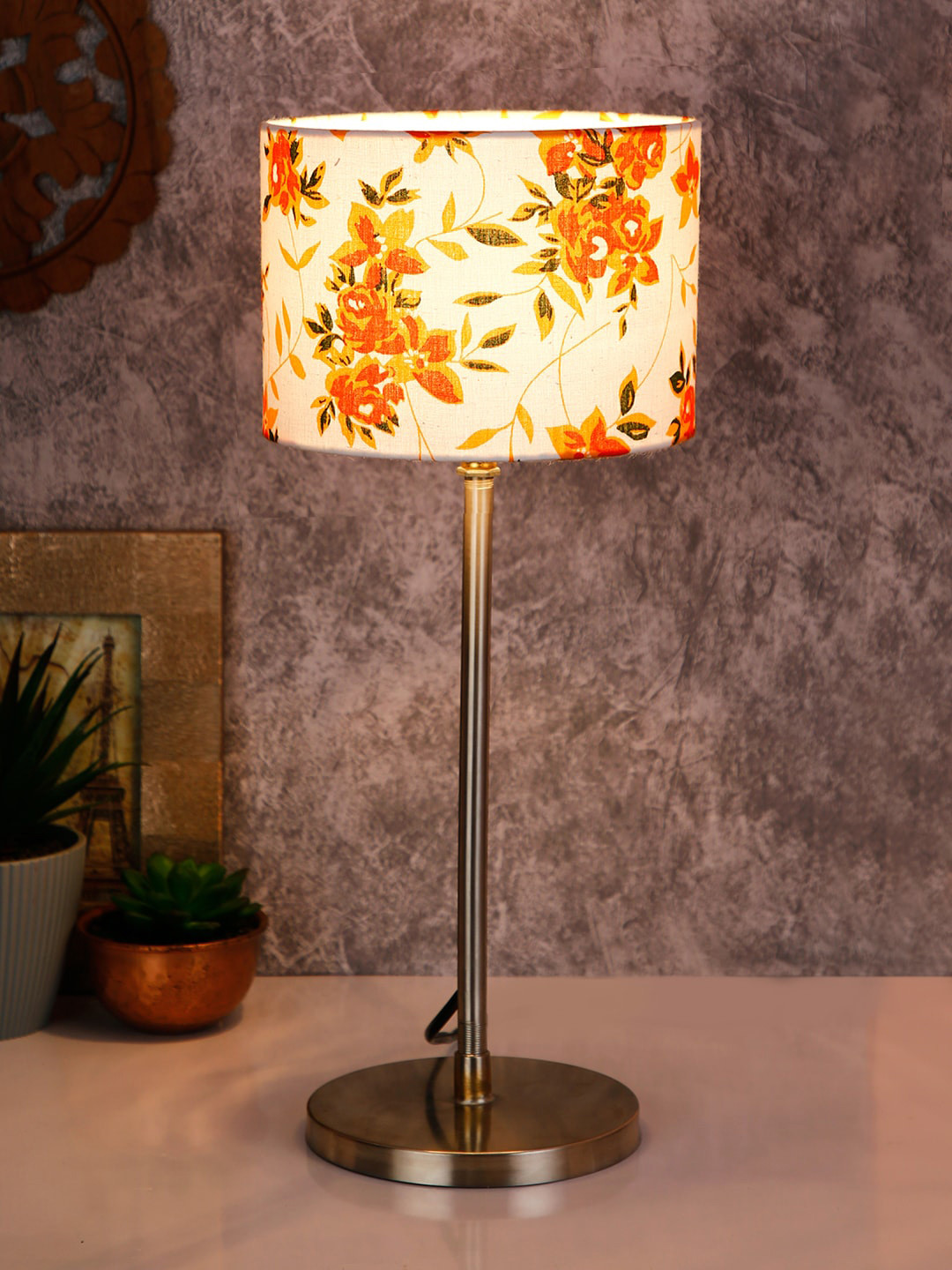 Devansh White & Orange Floral Printed Table Lamp