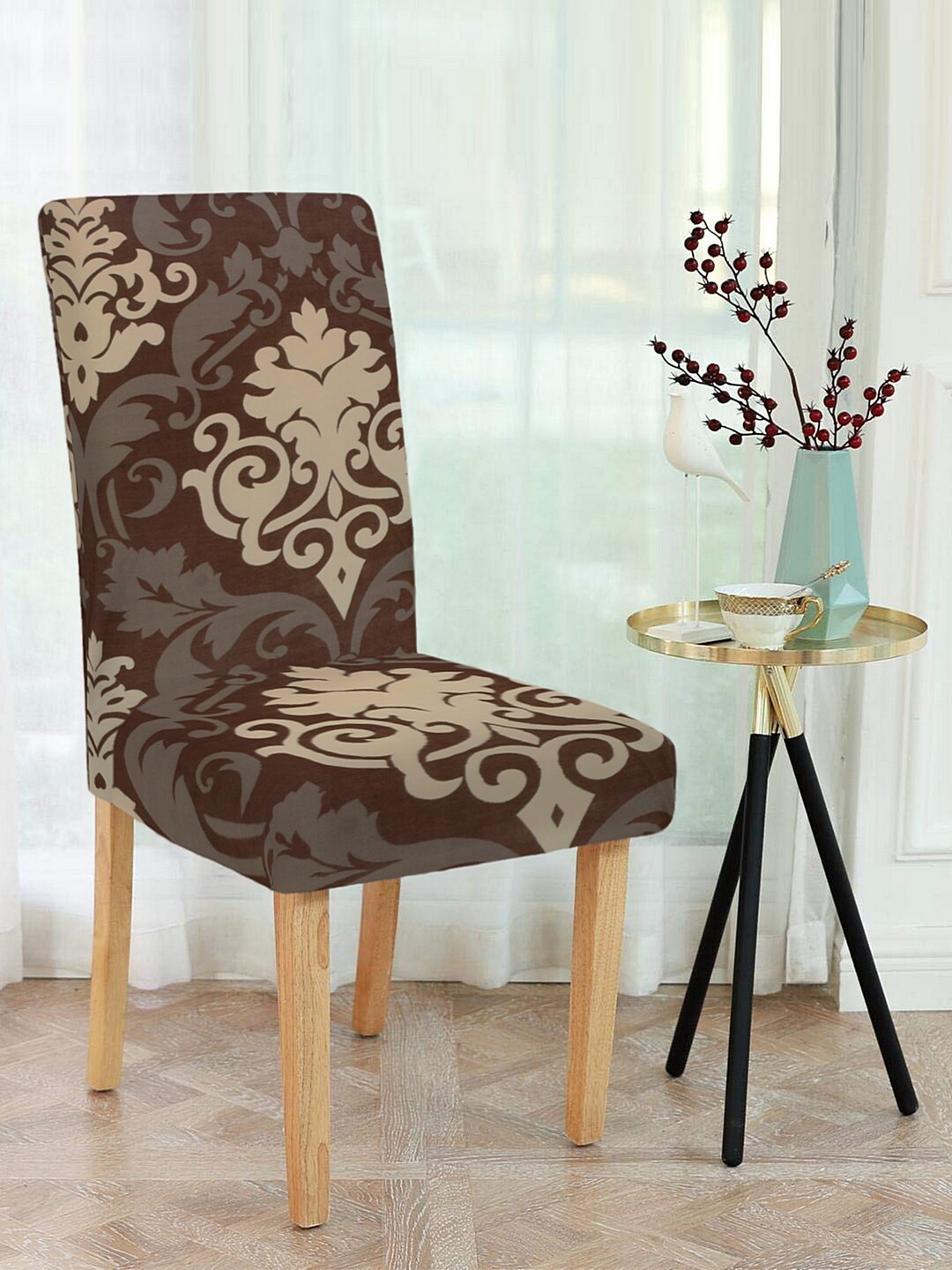 Cortina Set of 6 Coffee Brown & Beige Ethnic Motif Printed Chair Covers