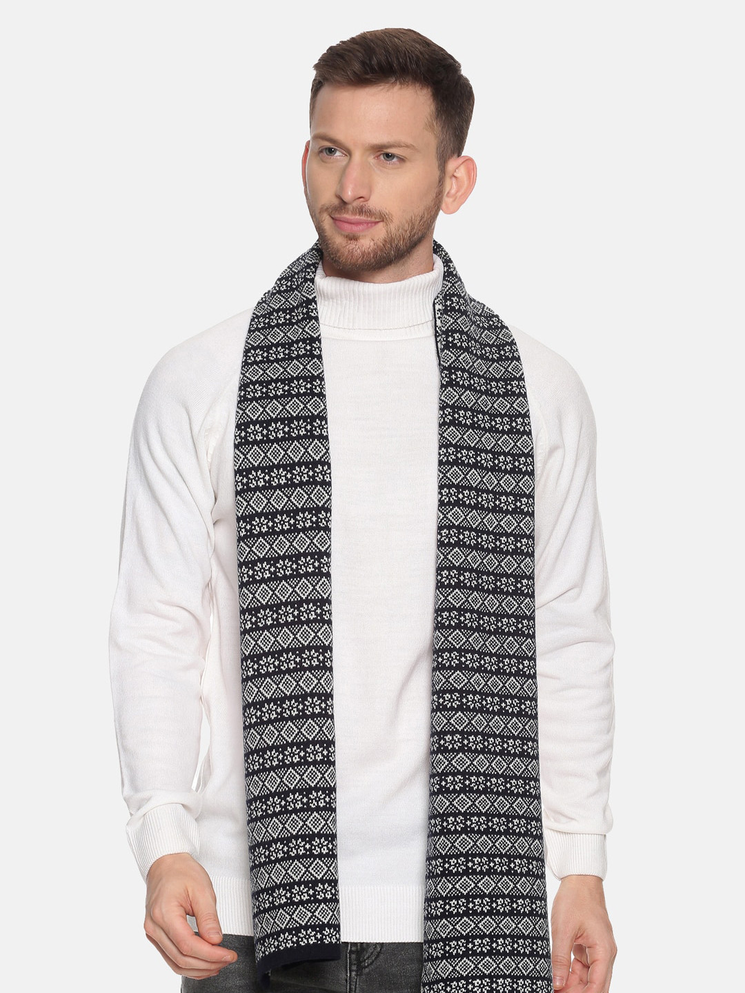 513 Men Navy Blue & White Woven Design Knitted Muffler