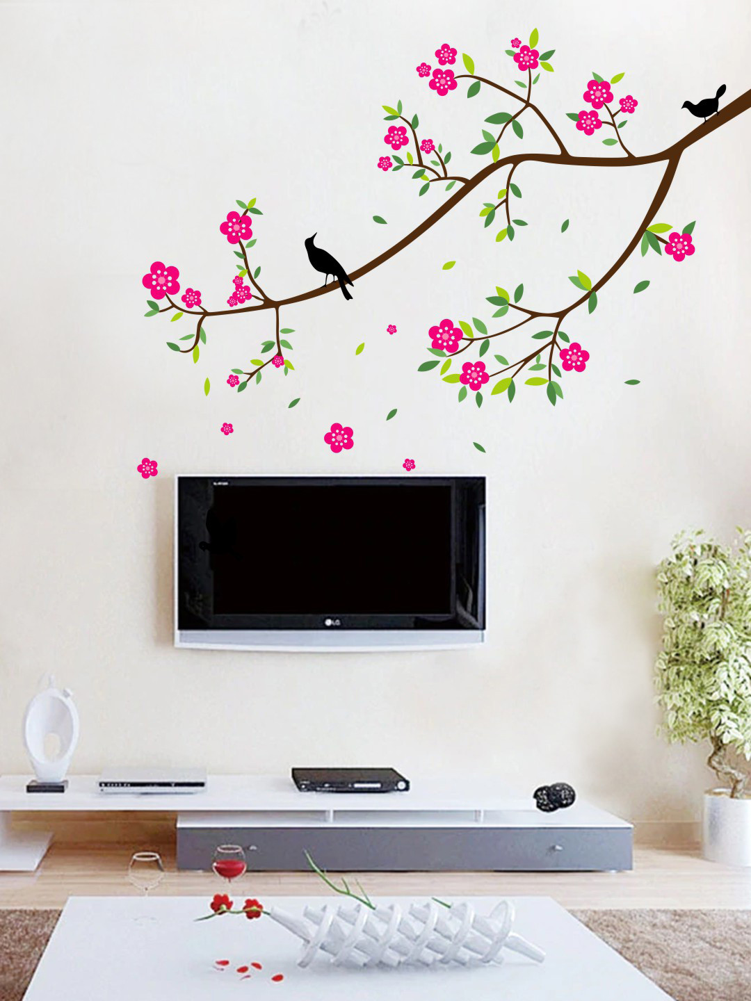 rawpockets Pink & Green Flowers with Birds Printed Wall Sticker