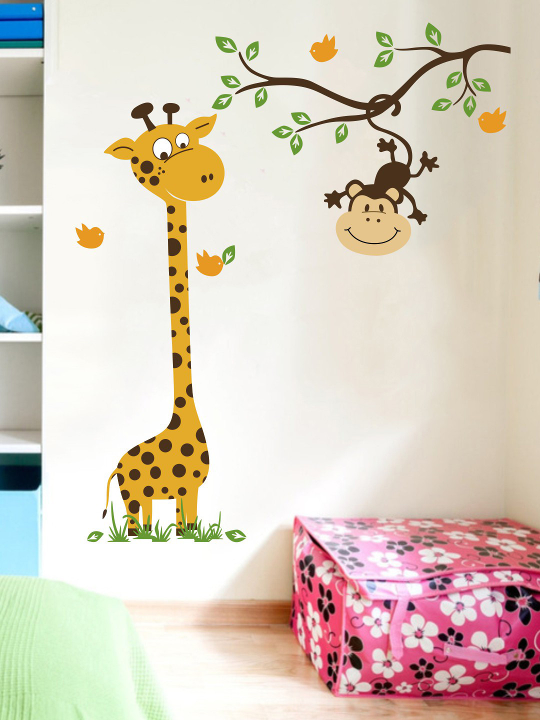 rawpockets Mustard Yellow & Brown Giraffe and Monkey Printed Wall Stickers