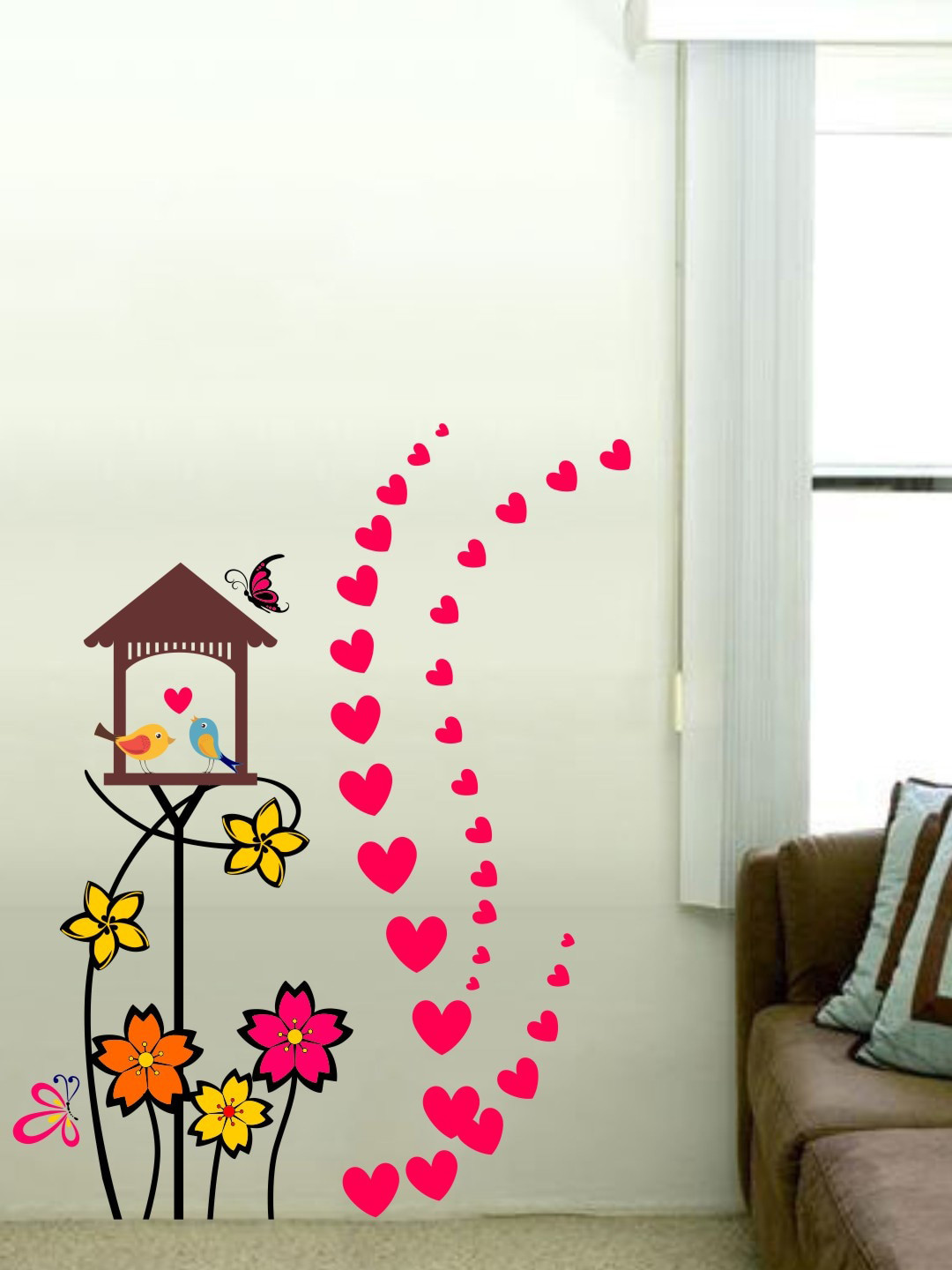 rawpockets Pink & Brown Love Birds With Hearts & Flowers Wall Stickers