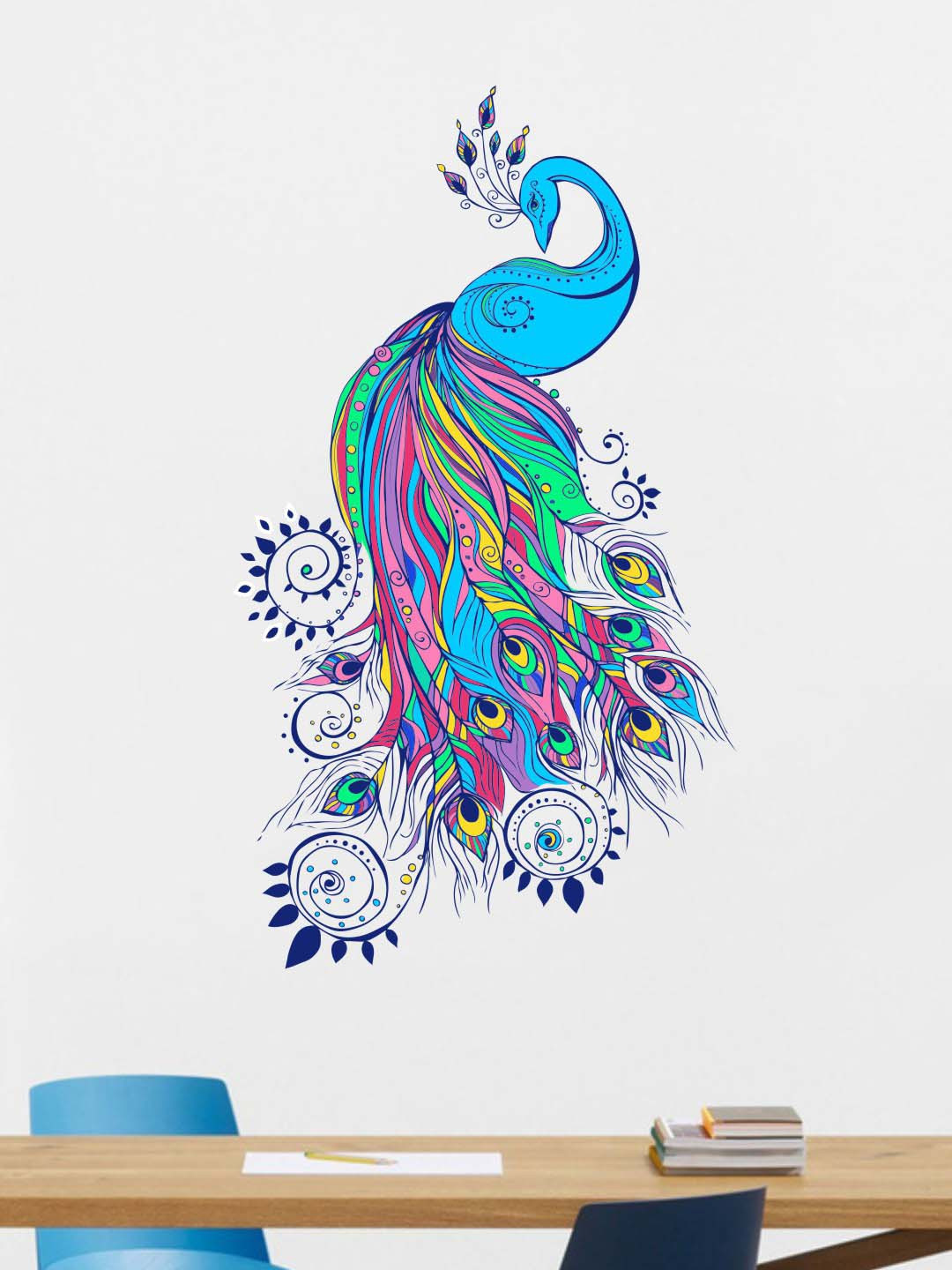 rawpockets Blue & Pink Peacock Printed Wall Sticker
