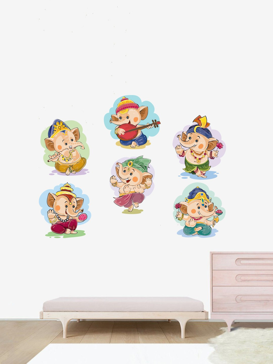 rawpockets Beige & Blue Lord Ganesha With Different Poses Wall Stickers