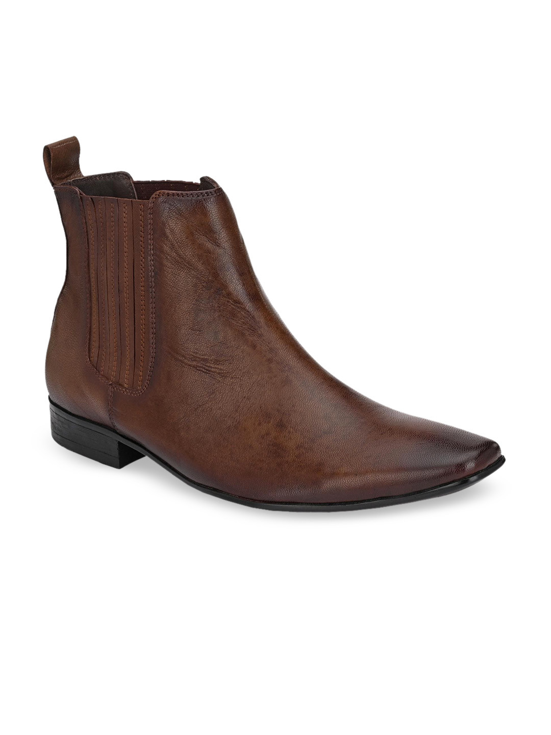 Hitz Men Brown Solid Leather High-Top Chelsea Flat Boots