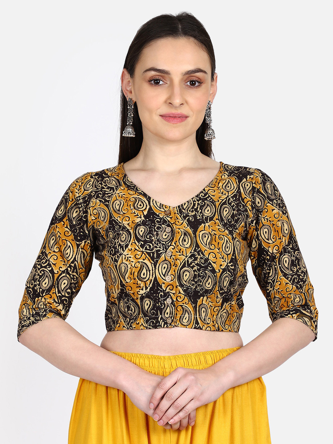 THE WEAVE TRAVELLER Women Black & Mustard Yellow Printed Kalamkari Sustainable Saree Blouse