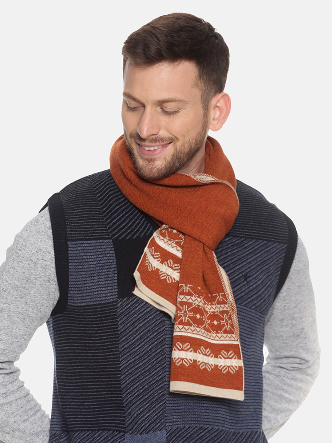 513 Men Rust Brown & Beige Solid Knitted Muffler