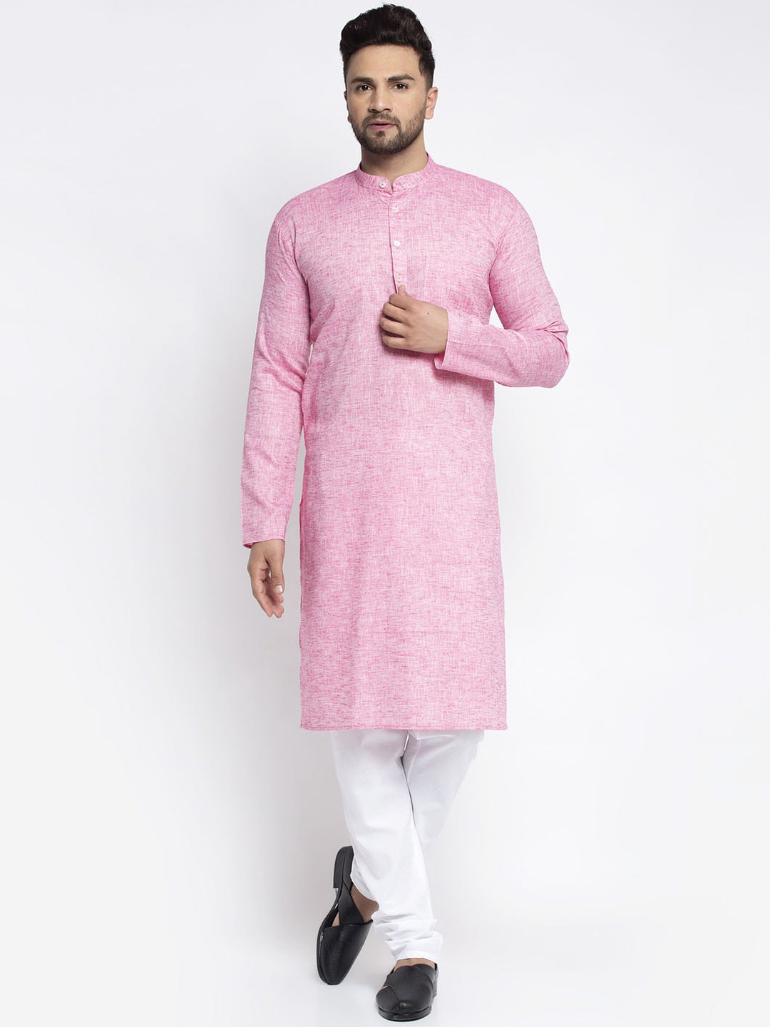 Jompers Men Pink & White Solid Kurta with Churidar