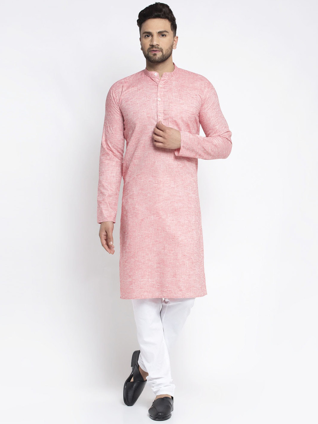 Jompers Men Coral & White Self Design Kurta with Pyjamas