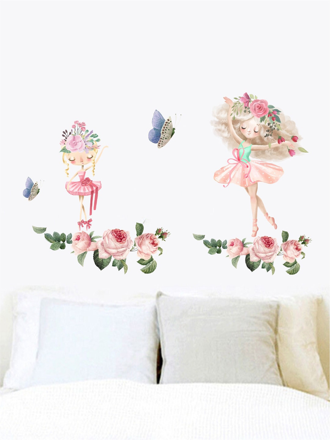 rawpockets Pink & Green Ballerina Girl with Butterfly and Flowers Wall Stickers