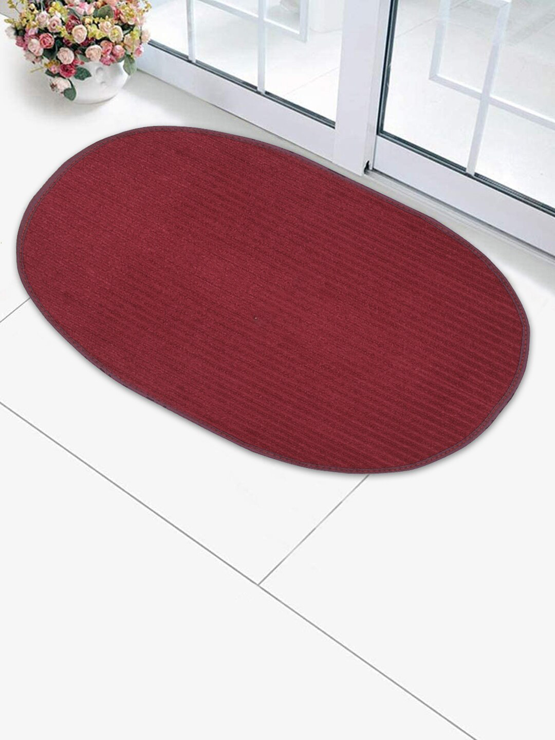 Kuber Industries Set Of 3 Maroon Solid Oval Shape Durable Microfiber Anti-Skid Doormats