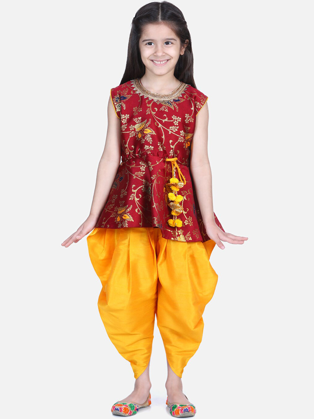 BownBee Girls Maroon & Yellow Woven Design Kurti with Dhoti Pants