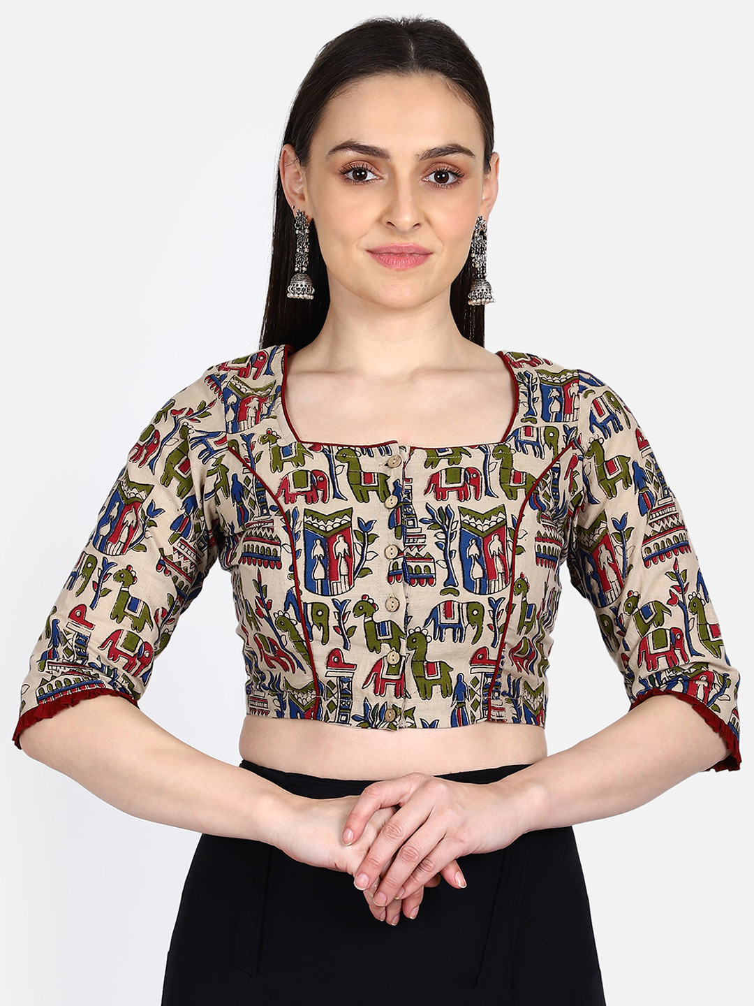 THE WEAVE TRAVELLER Women Beige & Green Printed Kalamkari Saree Blouse