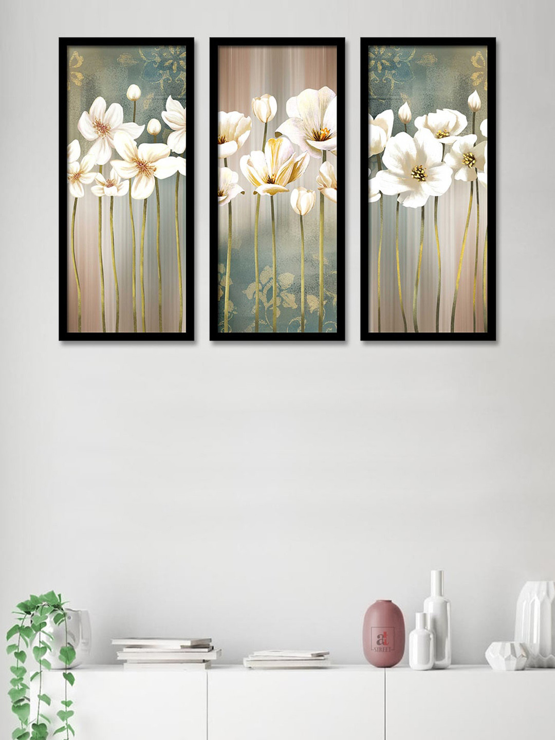 Art Street Set Of 3 White & Grey Floral Theme Framed Paintings