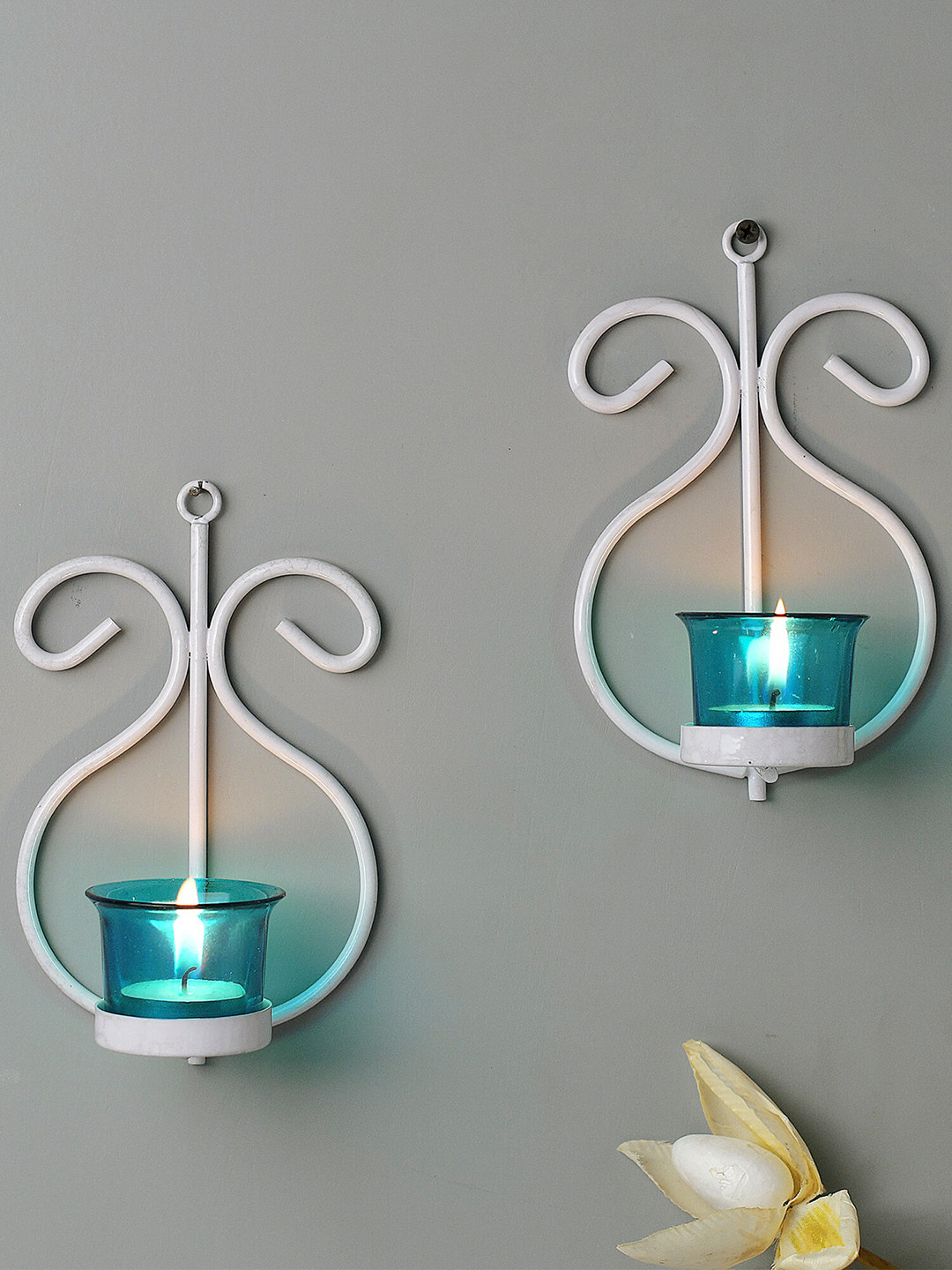 Homesake Set of 2 White & Turquoise Blue Wall Sconce Candle Holders