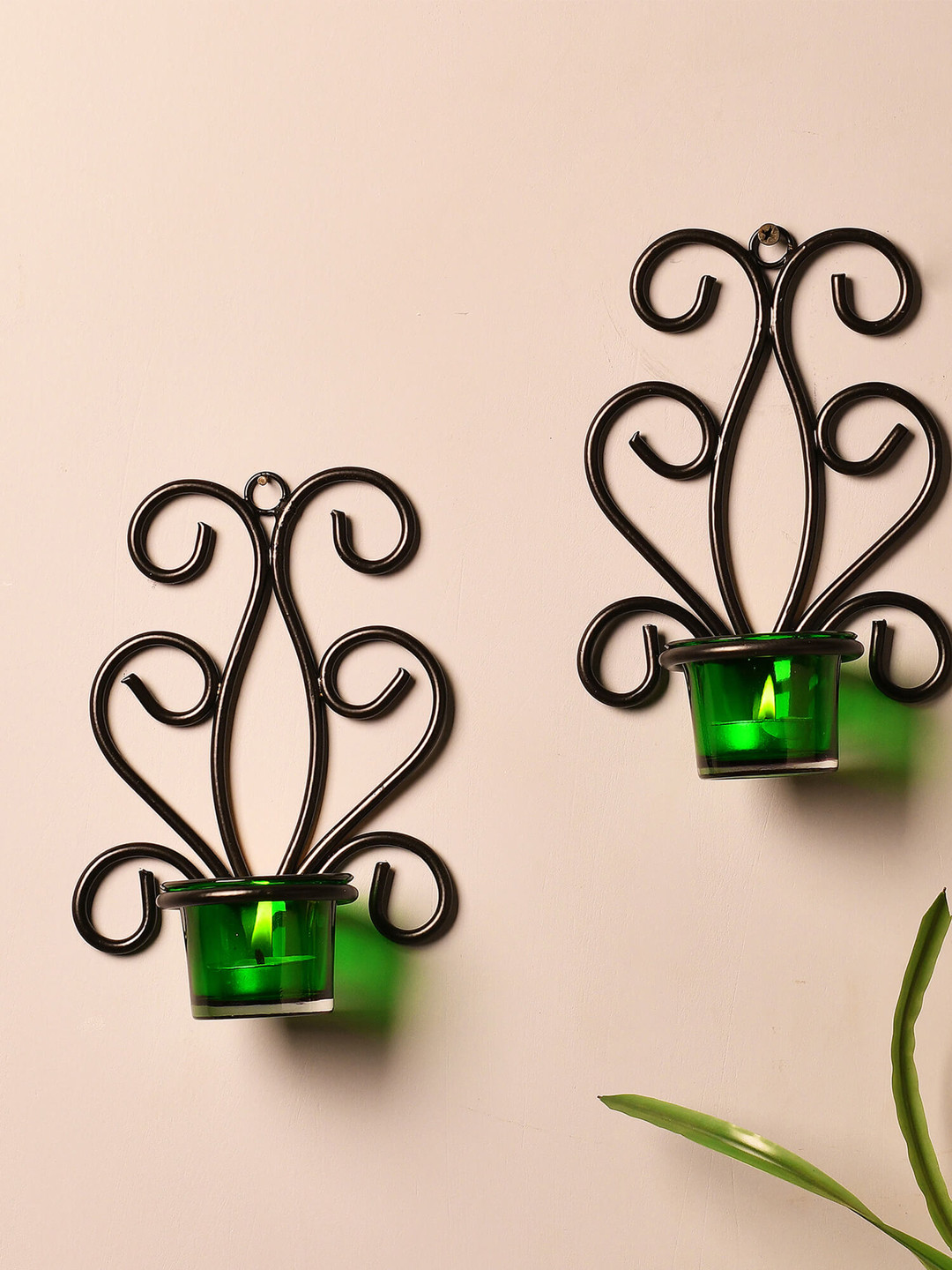 Homesake Set of 2 Green and Black Wall Candle Holders With Tealight Candles