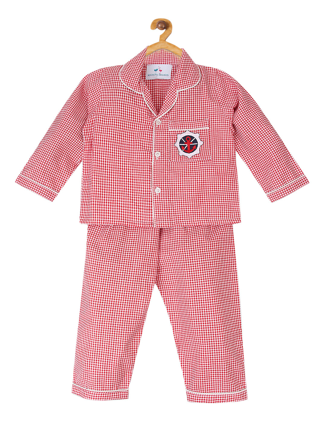 Knitting Doodles Unisex Kids Red & White Checked Night suit