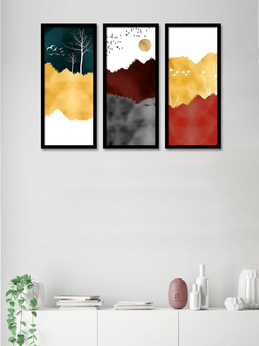Art Street Set Of 3 Grey & Yellow Abstract Trees Theme Framed Paintings