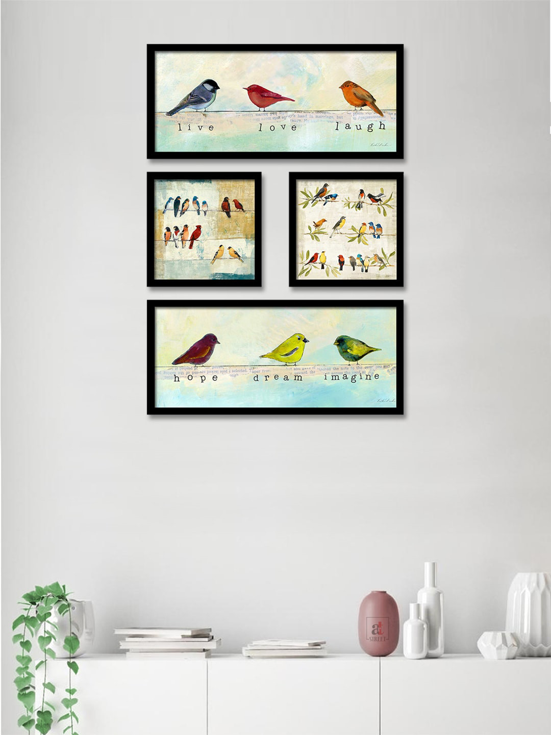Art Street Set Of 4 Blue & White Abstract Birds Theme Framed Paintings