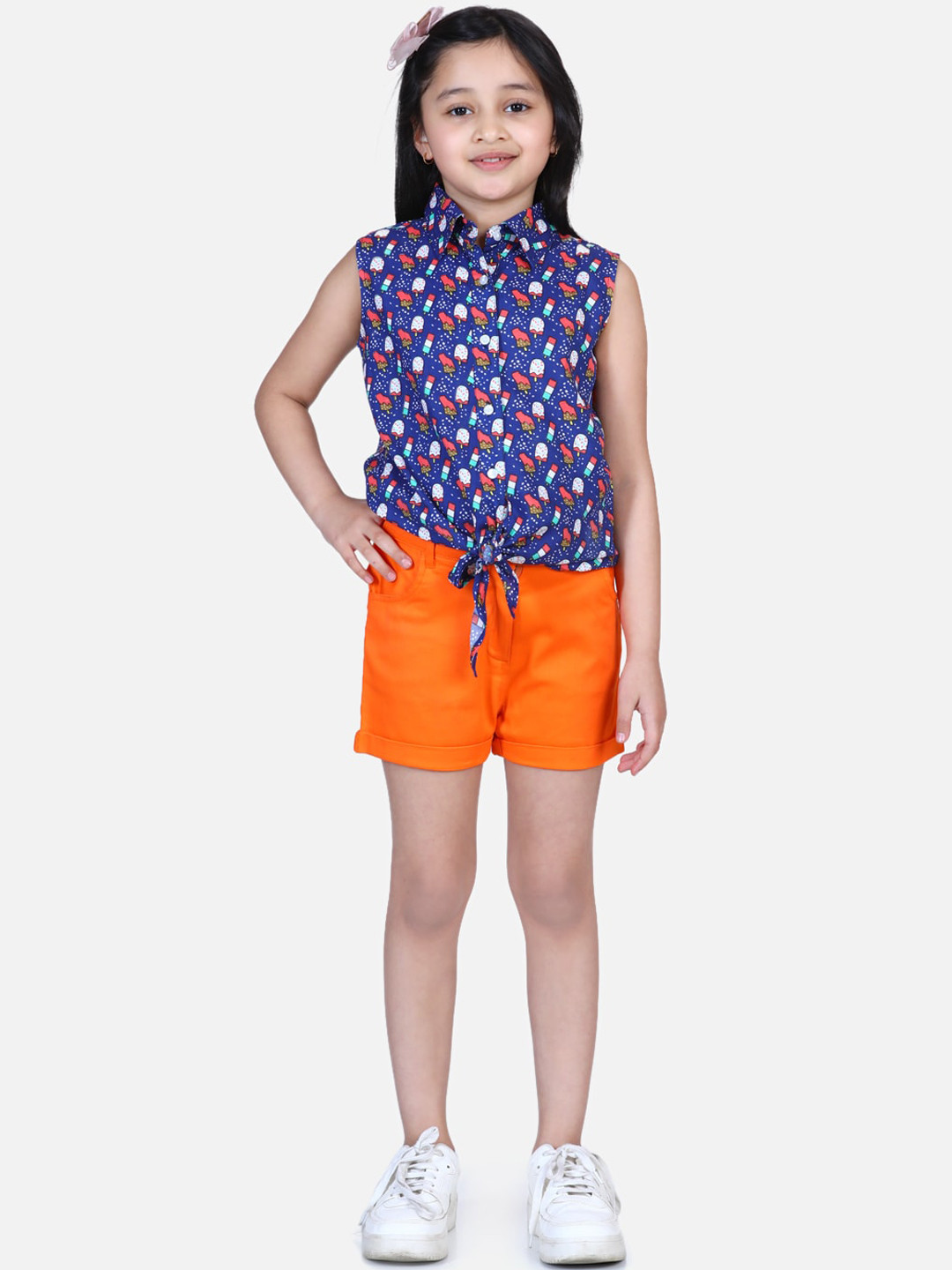StyleStone Girls Navy Blue & Orange Printed Shirt with Shorts