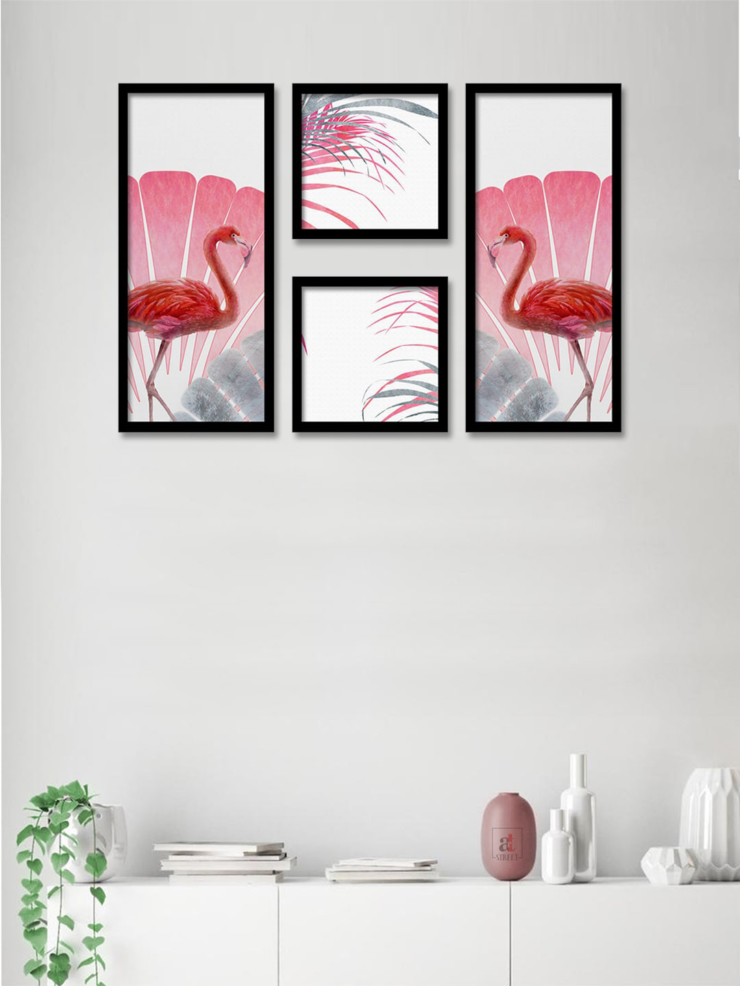 Art Street Flamingo 4 Pcs Wall Living Room Rectangle Paintings Wall Art -18.5 x 8.66In