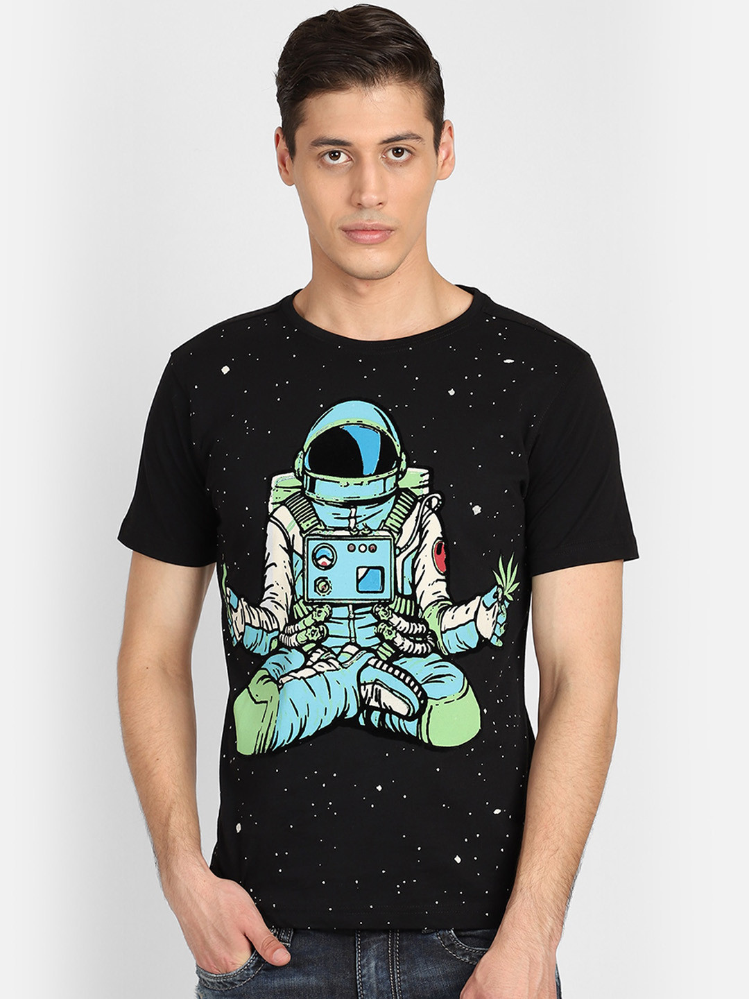 PUNK Men Black & Turquoise Blue Printed Round Neck T-shirt