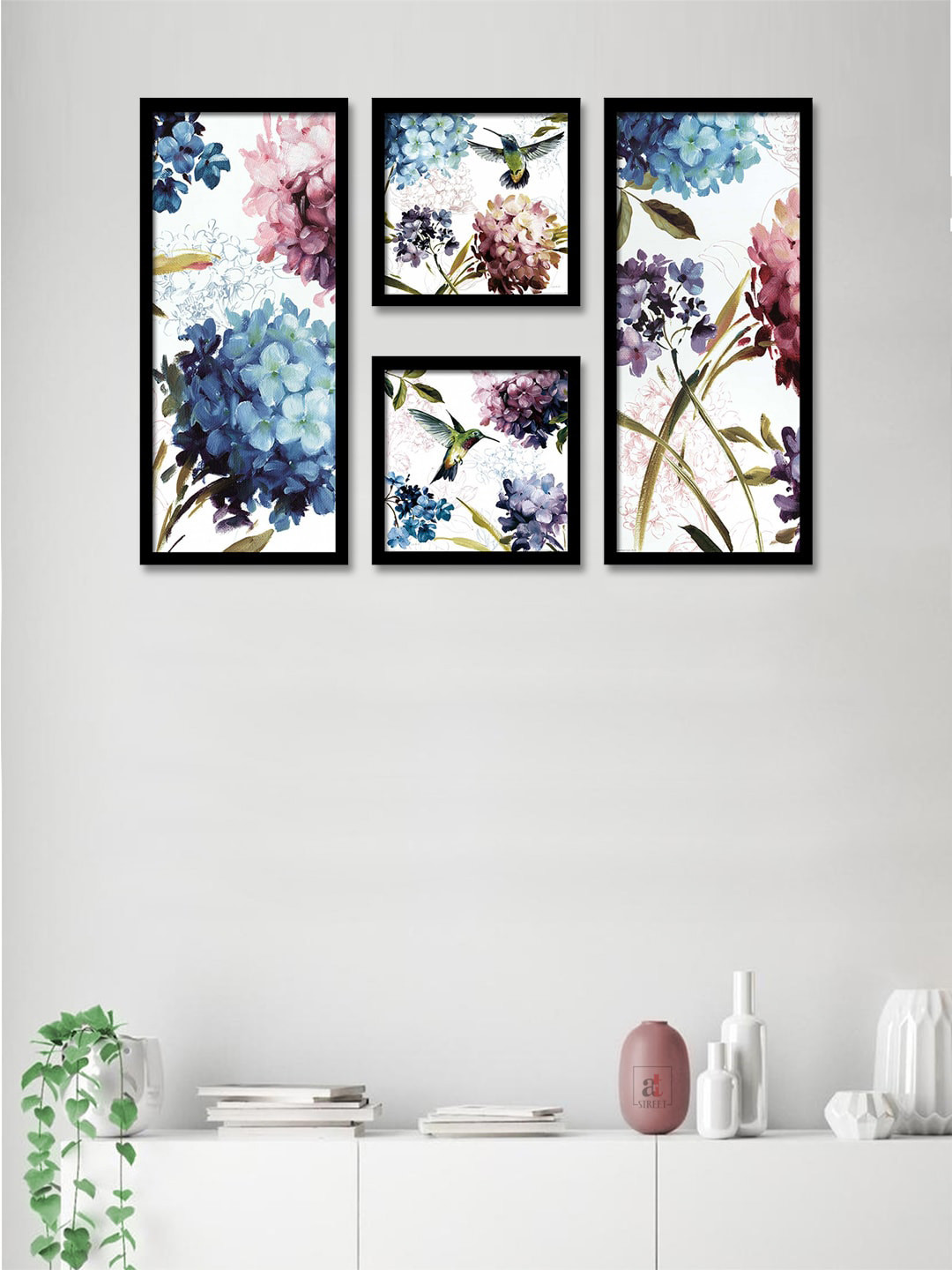 Art Street Set Of 4 Blue & White Floral Theme Framed Paintings