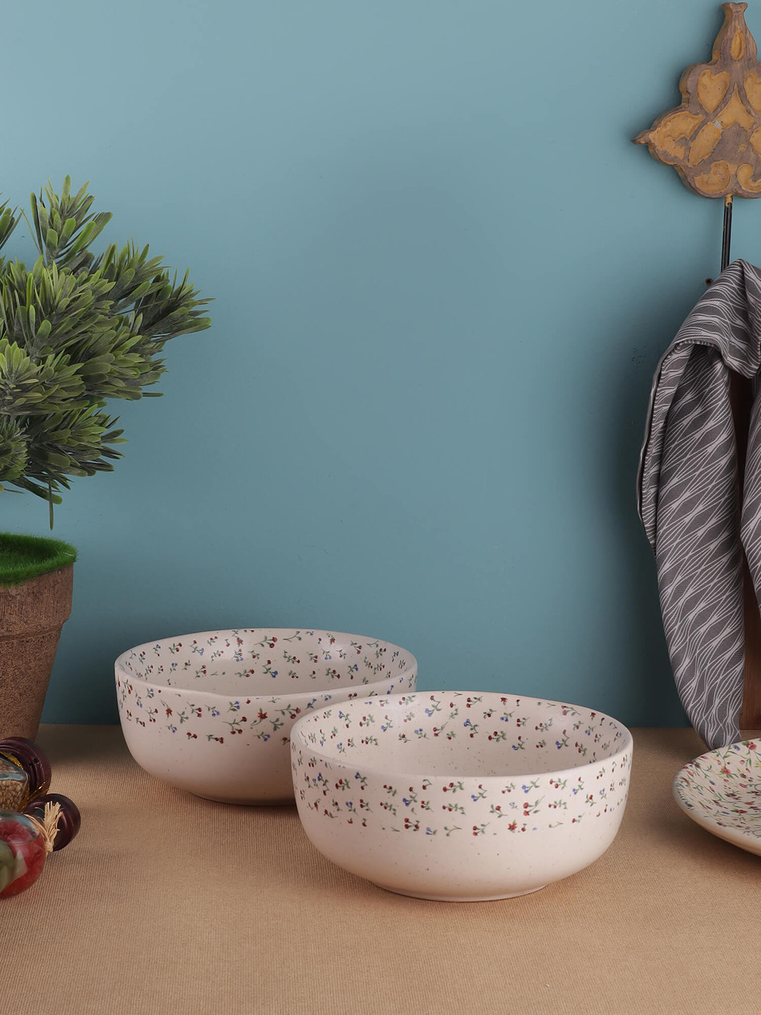 MIAH Decor Set Of 2 White & Blue Handcrafted Floral Stoneware Serving Bowls