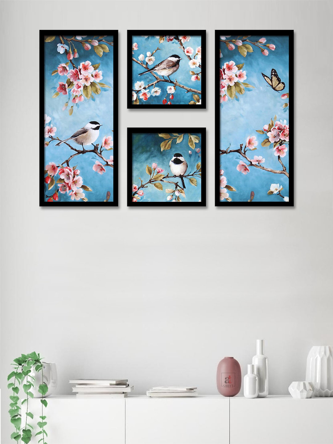 Art Street Set Of 4 Blue & Pink Birds Theme Framed Paintings
