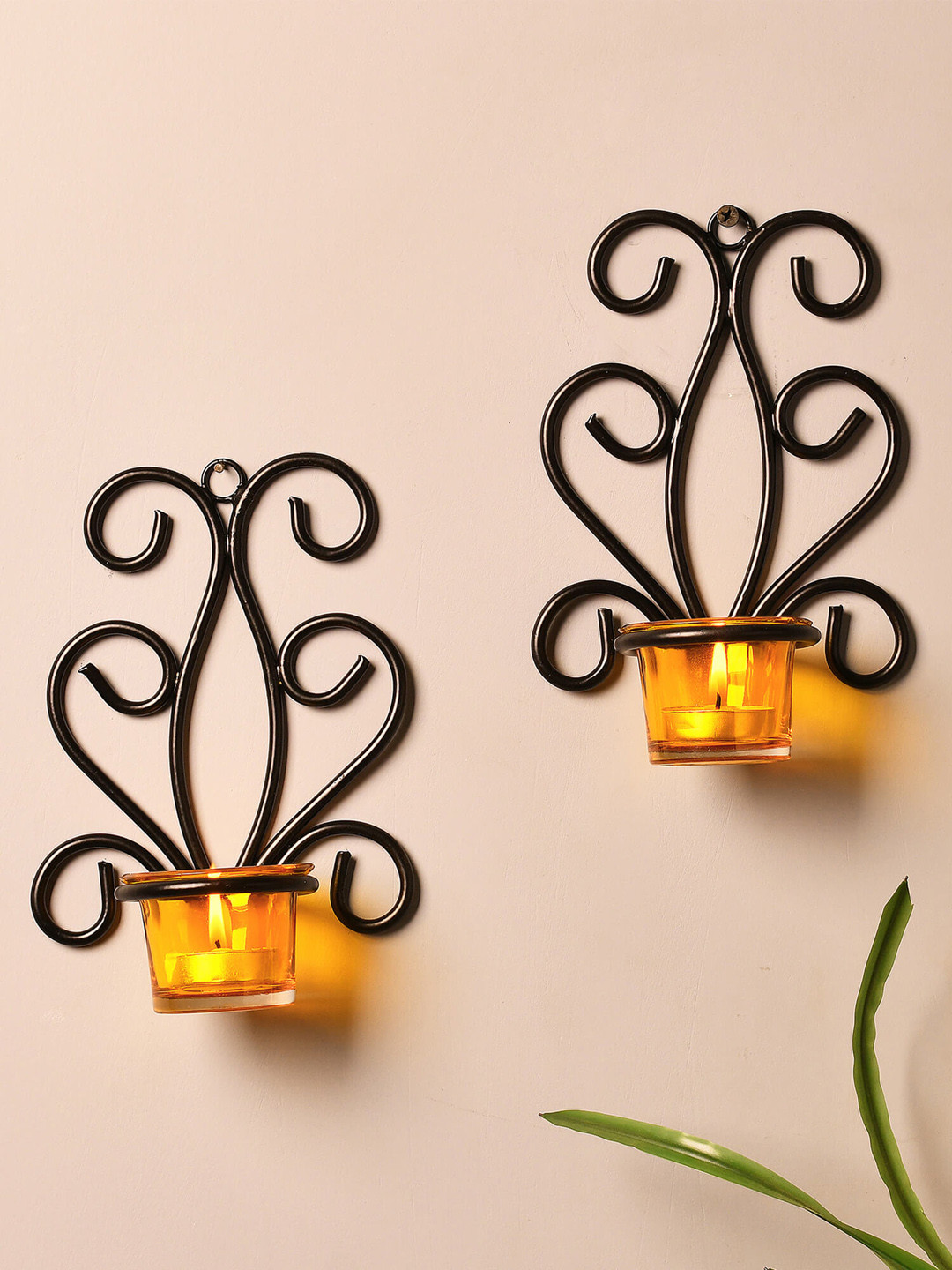 Homesake Set of 2 Black & Yellow Modern Art Large Wall Sconce with Glass Votive Candle Tealight Holders