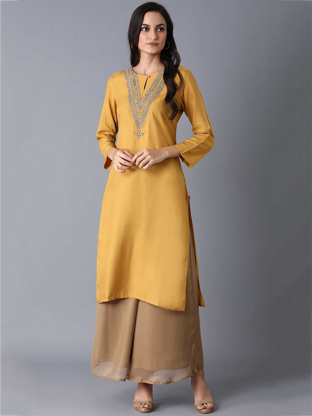W Women Yellow Yoke Design Keyhole Neck Thread Work Kurta