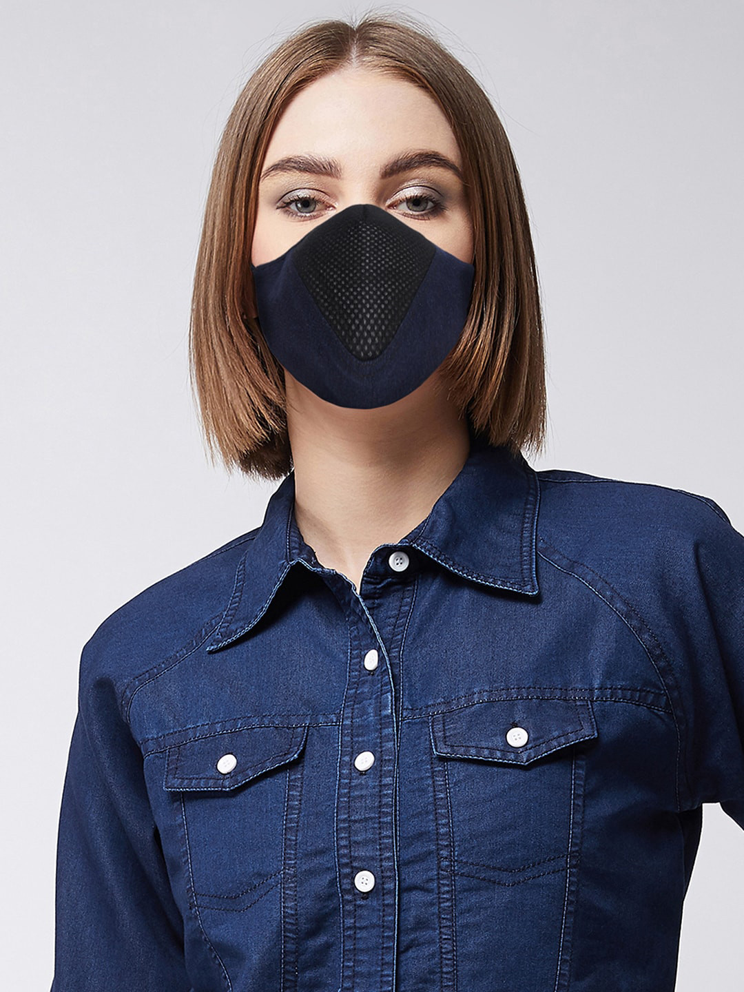 Miss Chase Women Navy Blue & Black 7-Ply Denim Cloth Mask