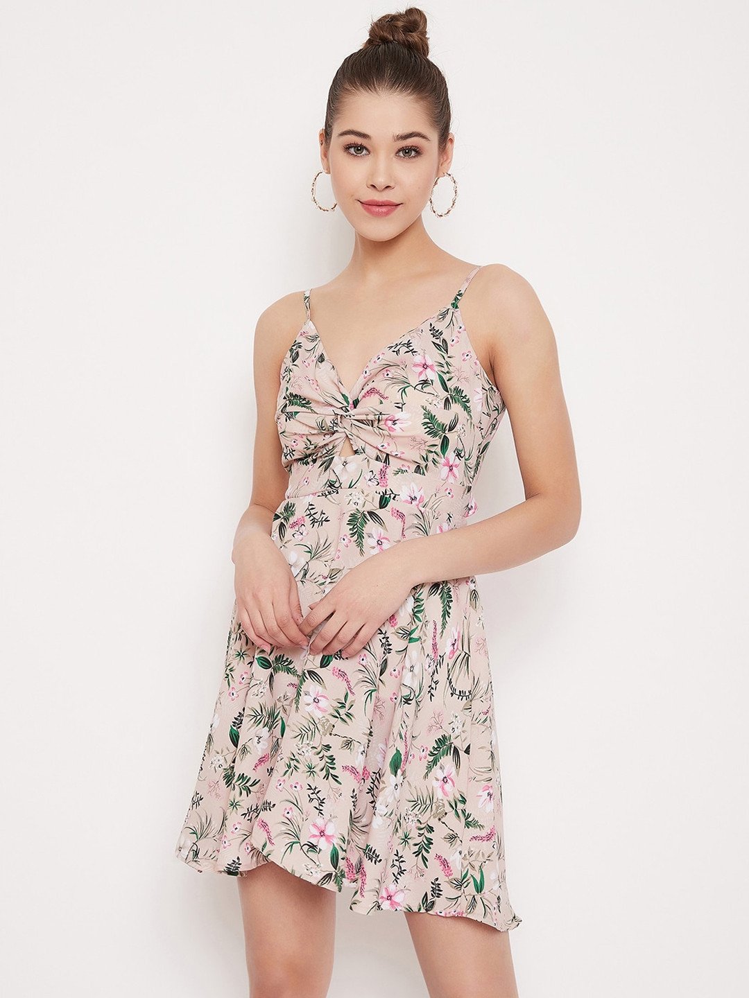 Berrylush Women Beige Printed Fit and Flare Dress